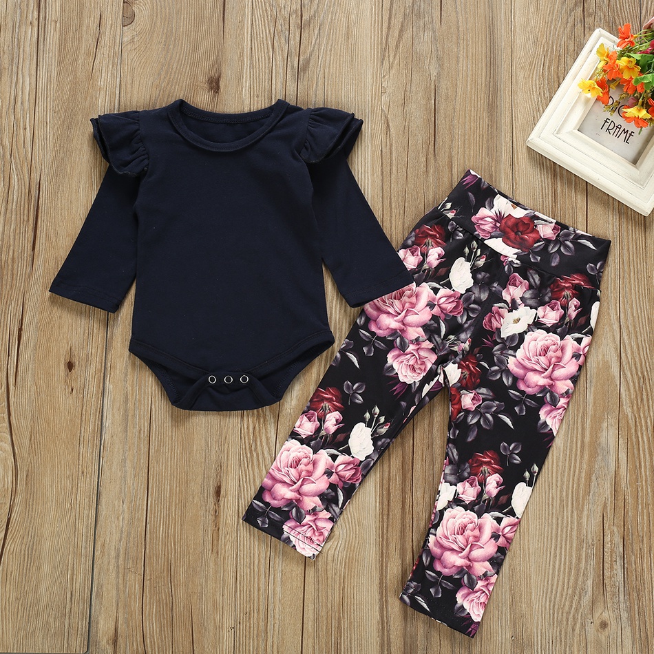 Dark Ruffle Top and Floral Trouser set