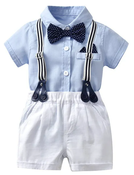Blue Top and White Shorts Suspender Set